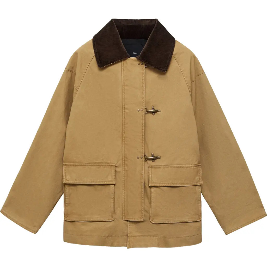 MANGO Corduroy Colllar Cotton Canvas Coat in Medium Brown at Nordstrom, Size Large | Nordstrom