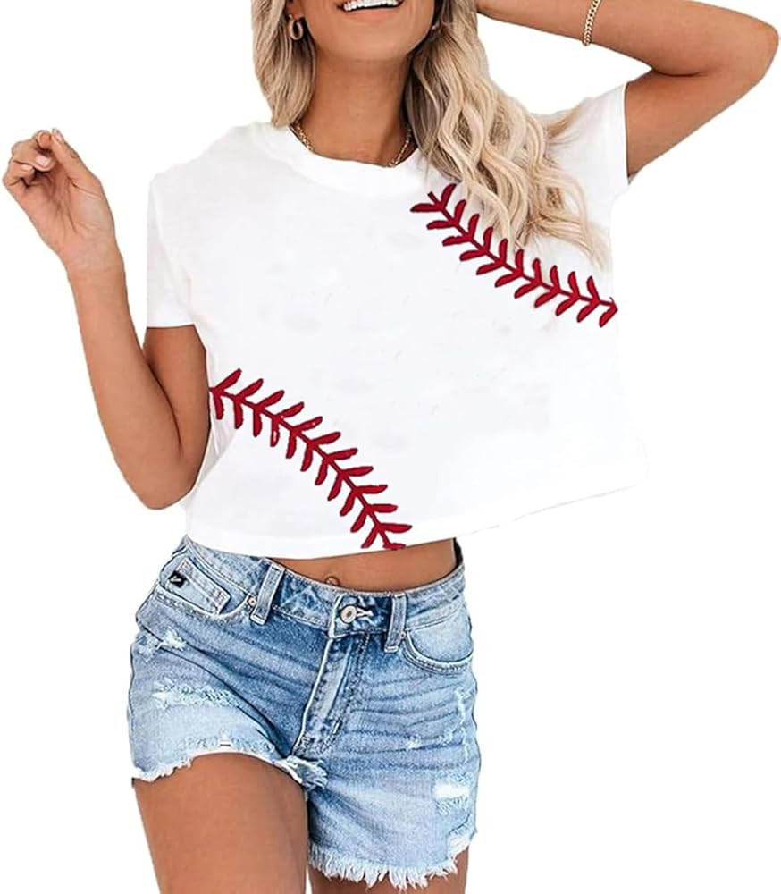 Womens Baseball Crop Tops Cute Game Day T-Shirts Beach Vacation Shirt Casual Summer Short Sleeve ... | Amazon (US)