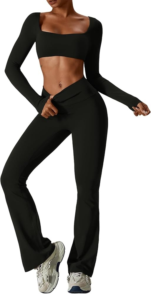 ABOCIW Workout Sets for Women 2 Piece Square Neck Long Sleeve Crop Tops High Waist Flared Legging... | Amazon (US)