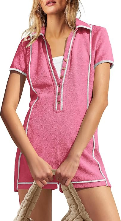 Yanekop Womens Short Sleeve Romper V Neck Button Down Shorts One Piece Jumpsuit Sexy Casual Rompe... | Amazon (US)