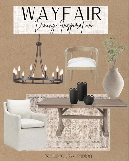 Wayfair Dining Inspiration!! 

Wayfair finds, way day, dining inspiration, linen upholstered dining chair, machine washable rug, rustic farmhouse chandelier, peony fabric dining chairs, wood trestle dining table 