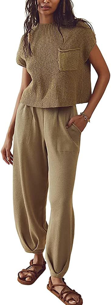 Ugerlov Women's Two Piece Outfits Sweater Sets Knit Pullover Tops and High Waisted Pants Lounge S... | Amazon (US)