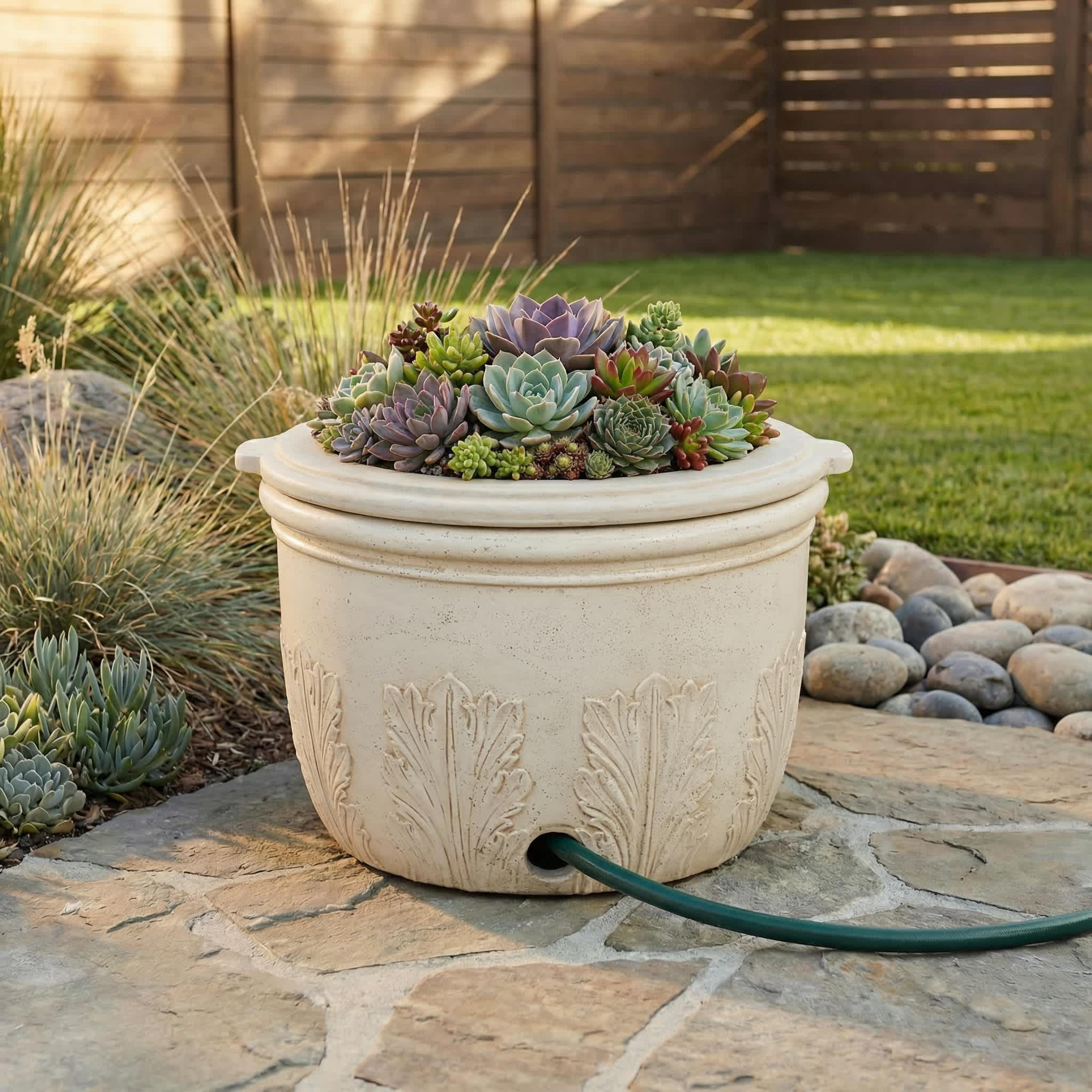 MPG Planters  24 in. x 22 in. D Cast Stone Hose Pot and Planter - Aged White | Lowe's