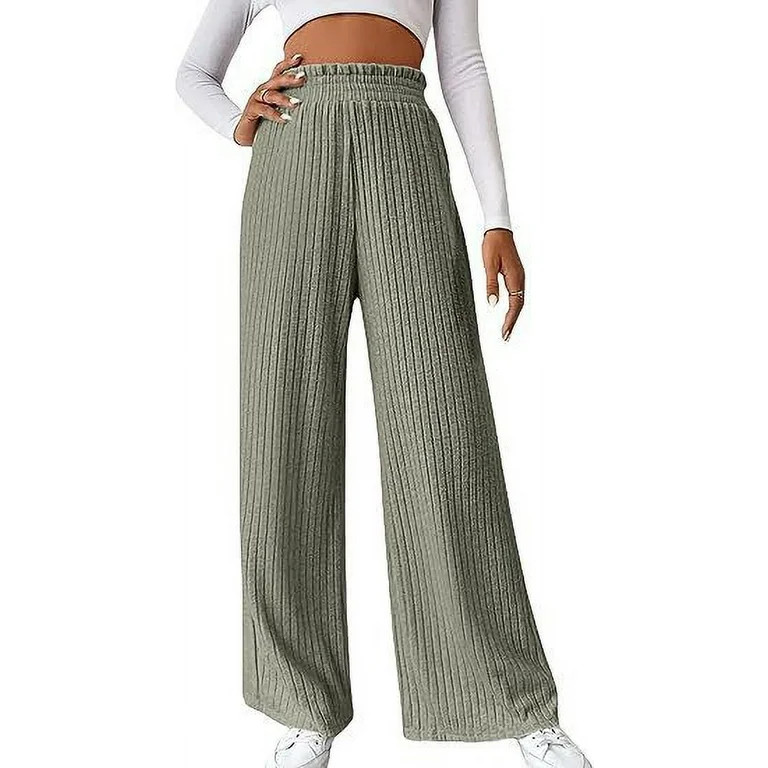 Women's Solid High Waist Wide Leg Pant Elastic Ribbed Knit Palazzo Pants Trousers | Walmart (US)