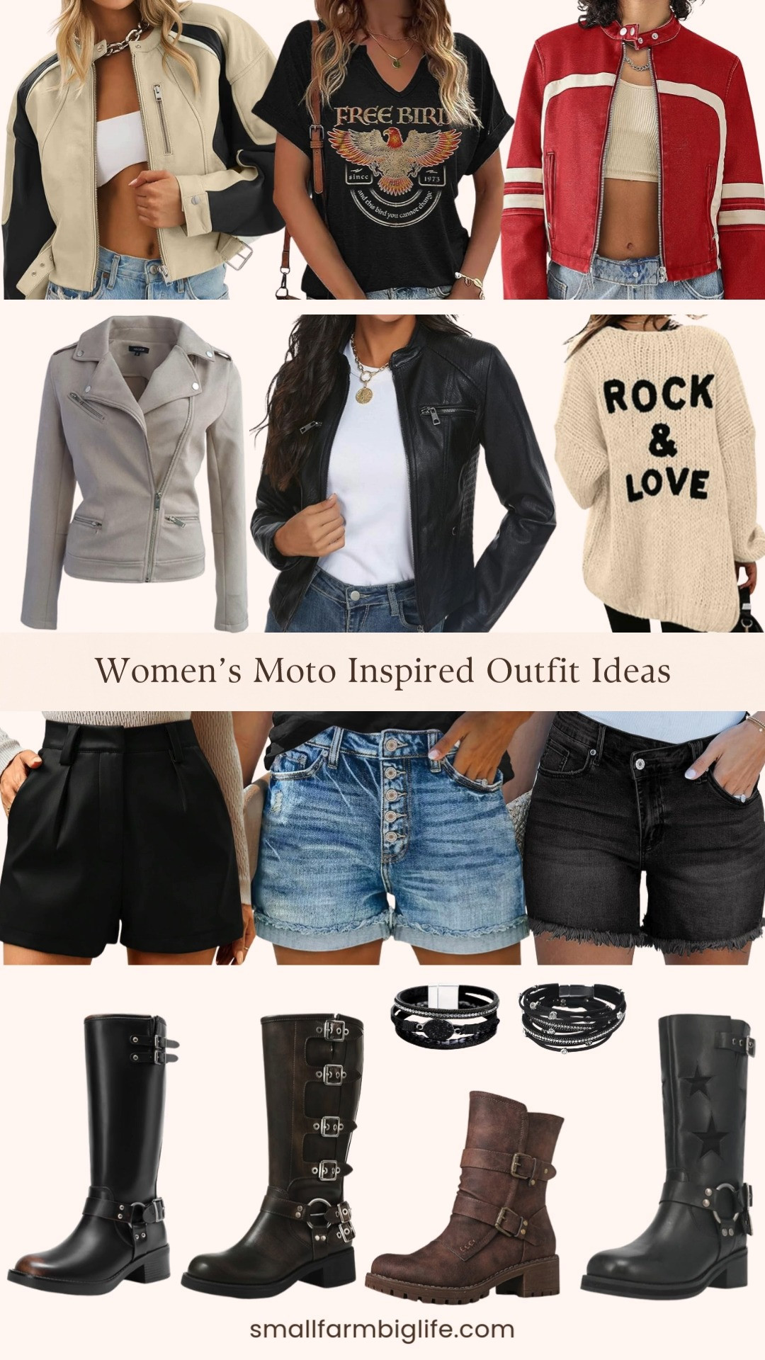 A little edgy, a little effortless 🤍🖤

These women’s moto inspired outfit ideas mix faux leather jackets, buckle biker boots, denim shorts, and pleated wide leg shorts for that cool girl vibe. Add a rock band tee, knee high moto boots, and layered boho wrap bracelets to finish the look. It's  perfect for transitional weather and festival season ✨ 

 #LTKgrwm #LTKootd