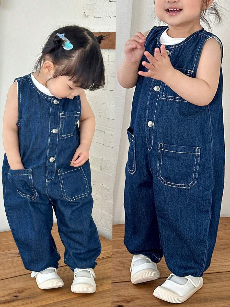 SHEIN Baby Girl Cuet Multi-Pocket Button-Decorated Casual Loose Denim Bib And Brace Jumpsuit,2000... | SHEIN