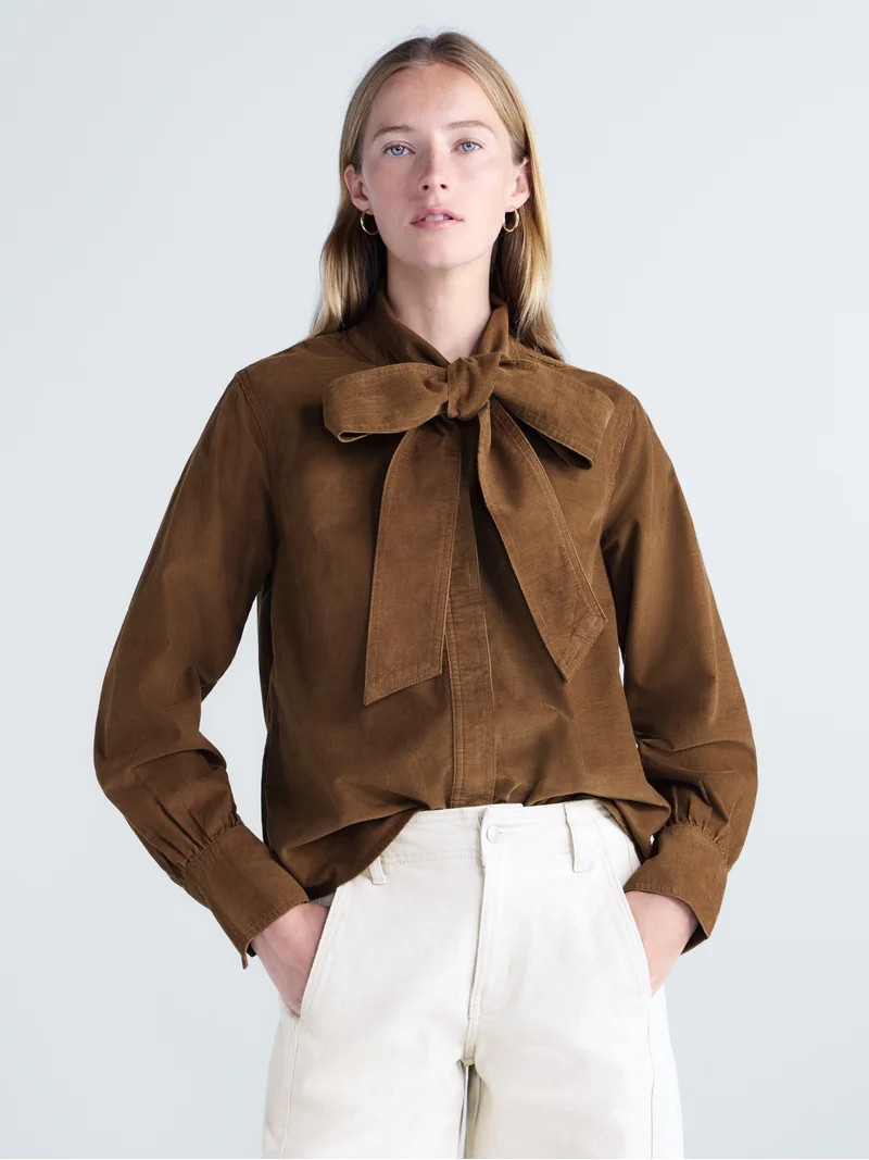 Free Assembly Women's and Women's Plus Tie Neck Corduroy Shirt, Sizes XS-4X | Walmart (US)