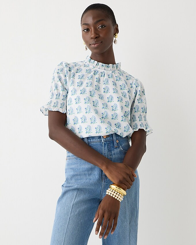 SZ Blockprints™ X J.Crew smocked puff-sleeve top in blue paisley | J. Crew US