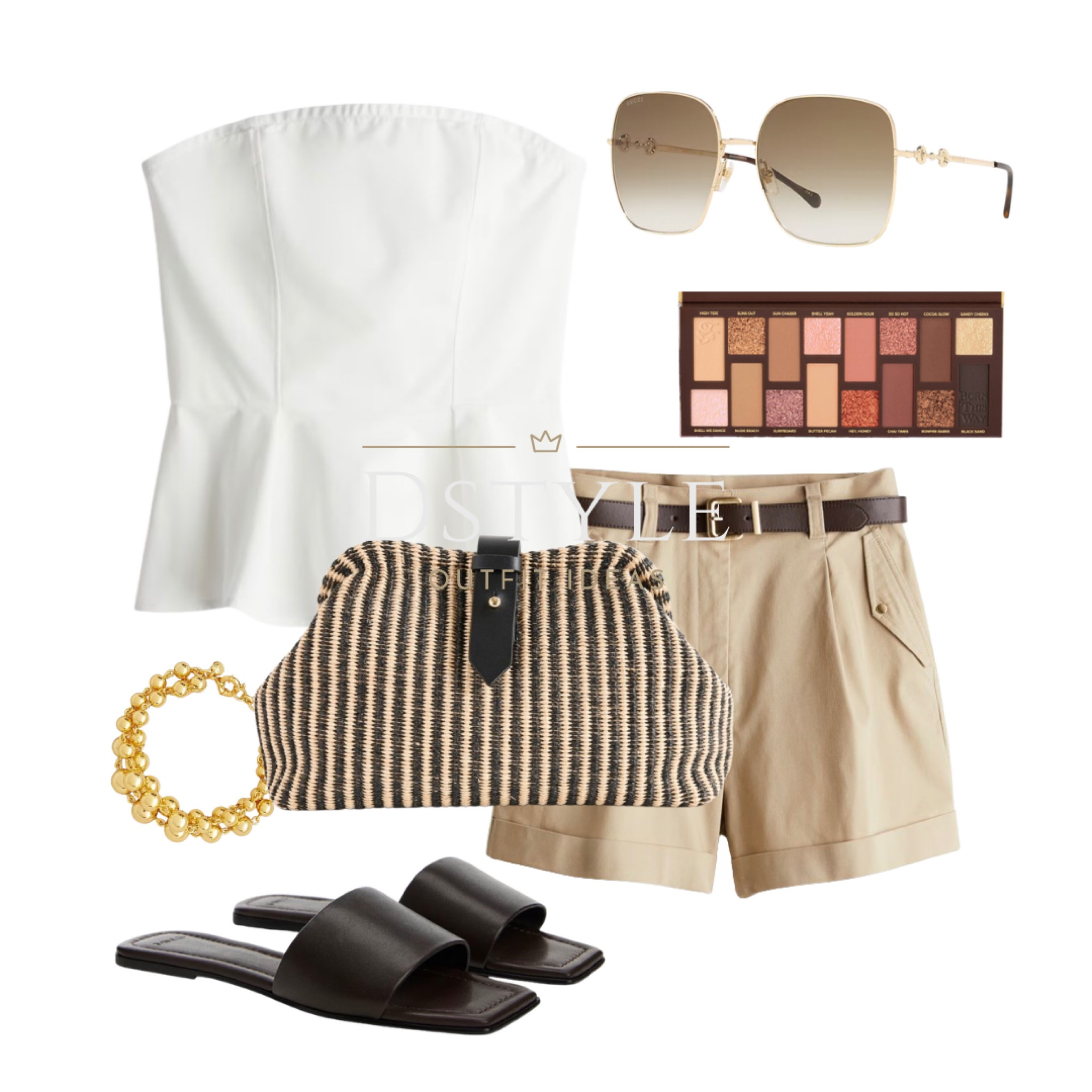 White peplum bandeau top, beige belted cargo shorts, chocolate leather slide sandals, flat sandals, slides, woven raffia clutch, sunglasses, ootd, comfy yet chic look, summer outfit

#LTKFindsUnder50 #LTKWorkwear #LTKStyleTip