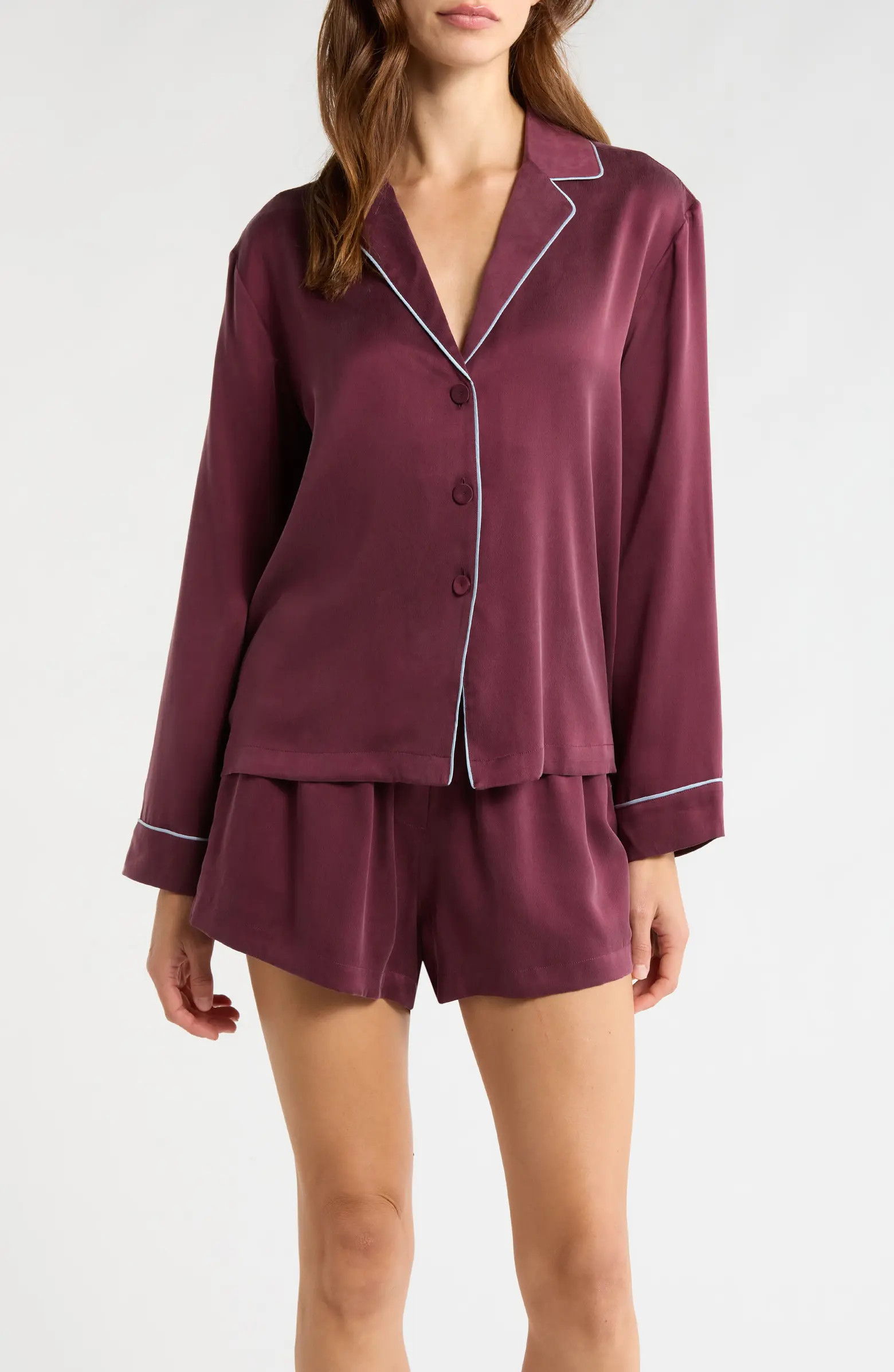 Piped Washable Silk Button-Up Short Pajamas | Nordstrom