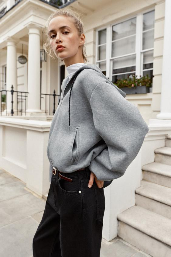 Zara - Hooded Bomber Sweatshirt - Gray Marl - S - Woman | Zara US