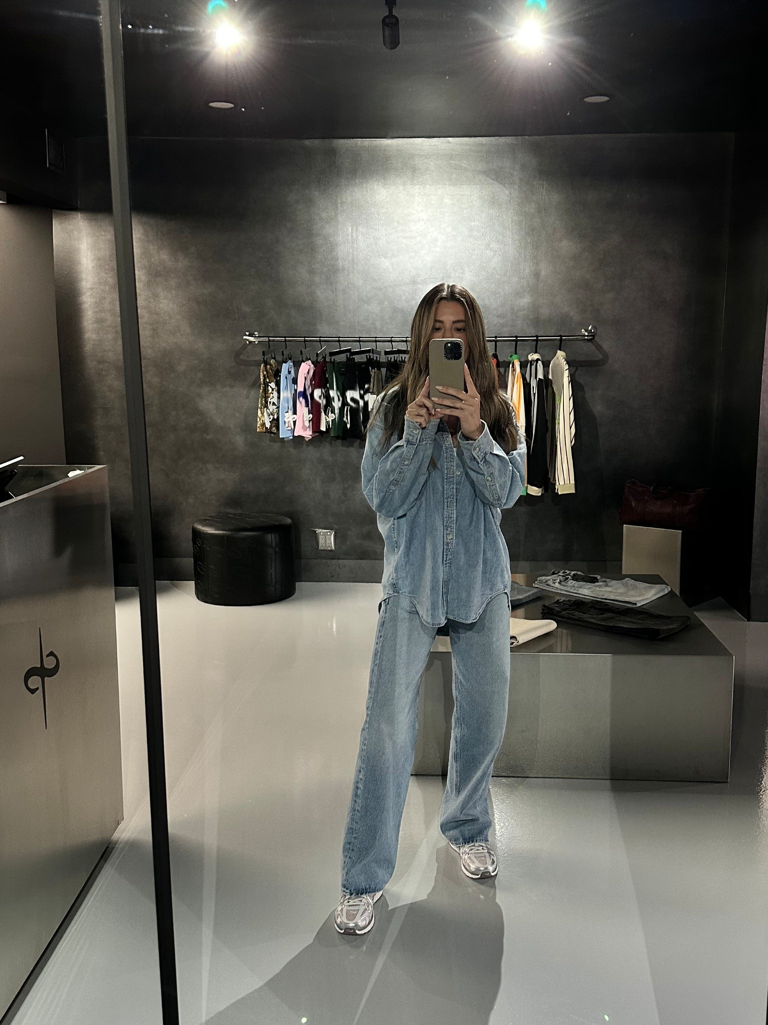 Jean on Jean 
Oversized shirt size medium 
Jeans size 23
Nikes size 8 