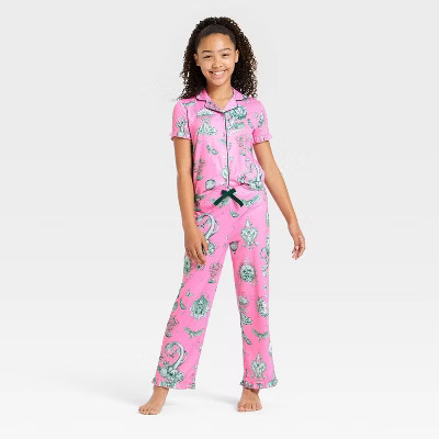 Girls' Wicked x Katie Kime 2pc Short Sleeve Button-Down Shirt and Pants Pajama Set - Pink S | Target