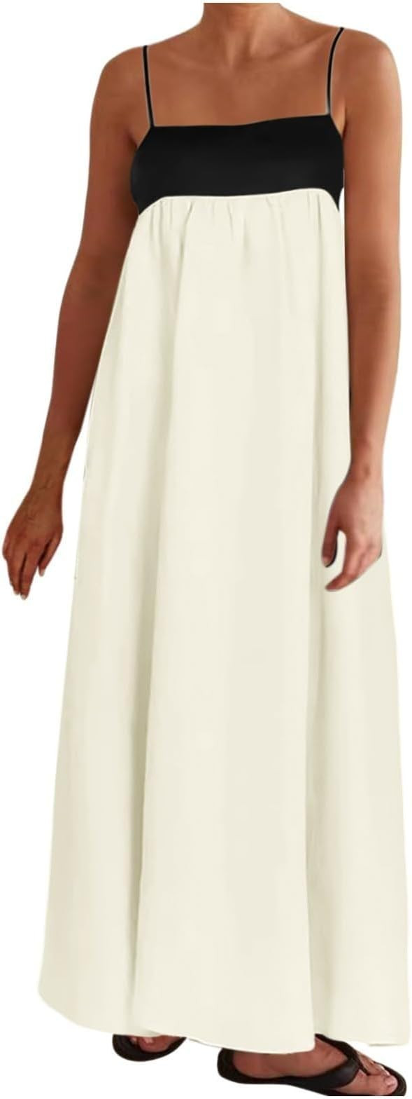 Womens Linen Maxi Dress Contrast Trim Spaghetti Straps Summer Outfits Sleeveless Long Dresses Wom... | Amazon (US)