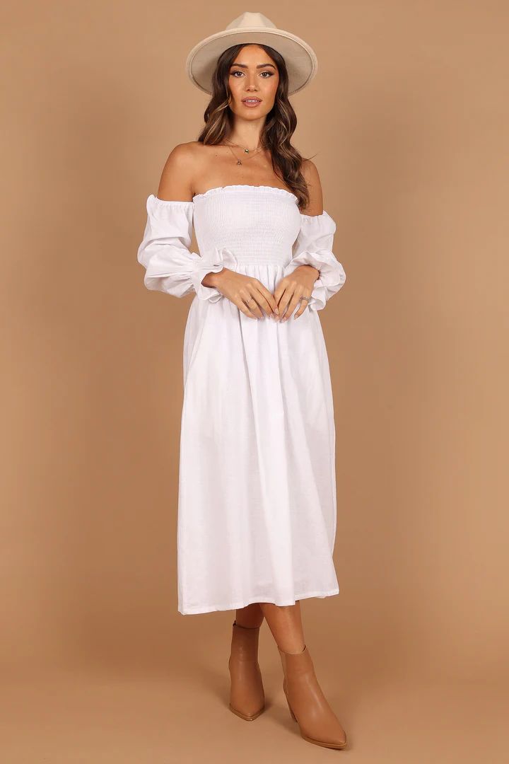 Domenica Shirred Long Sleeve Midi Dress - White | Petal & Pup (US)
