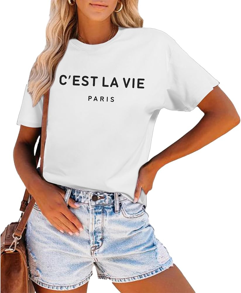 C'est La Vie T-Shirt Graphic Tees for Women Paris Shirts Oversized Baggy Trendy Summer Short Slee... | Amazon (US)
