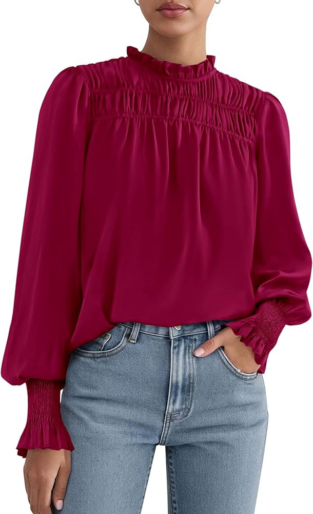PRETTYGARDEN Business Casual Tops for Women Frill Neck Satin Long Sleeve Shirts Work Office Fall ... | Amazon (US)