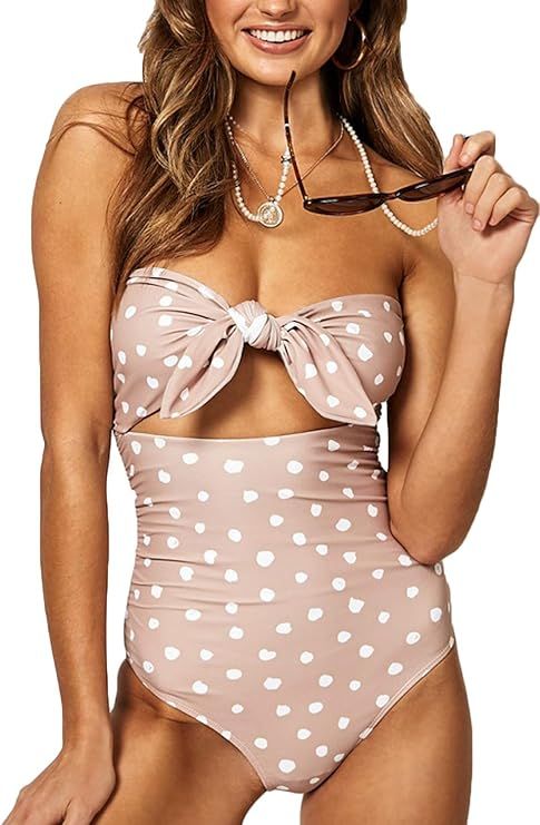 QINSEN Womens Sexy Strapless Tie Knot Front High Waist One Piece Swimsuit | Amazon (US)