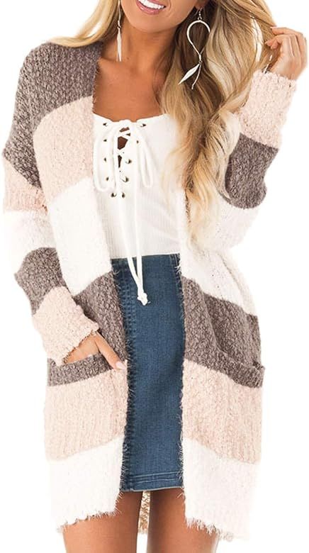 Womens Open Front Color Block Long Cardigan Sweater Coat with Pockets | Amazon (US)