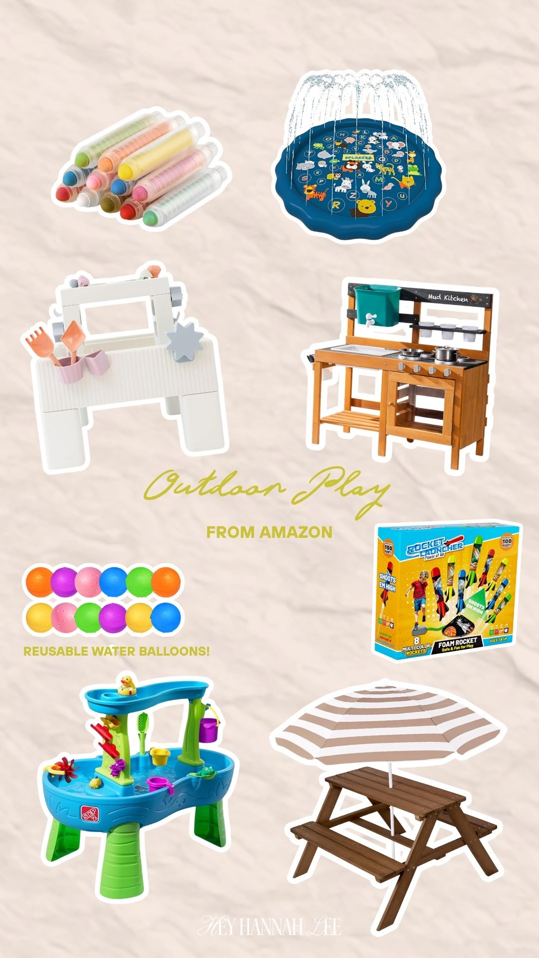 Summer outdoor activities are a must! The weather’s warming up, it’s the perfect time for a refresh on outdoor play toys ☀️ kids outdoor toys, summer toys, water toys, backyard fun, reusable water balloons, sidewalk chalk, rocket launchers, kids picnic table

#LTKmomlife #LTKKids
