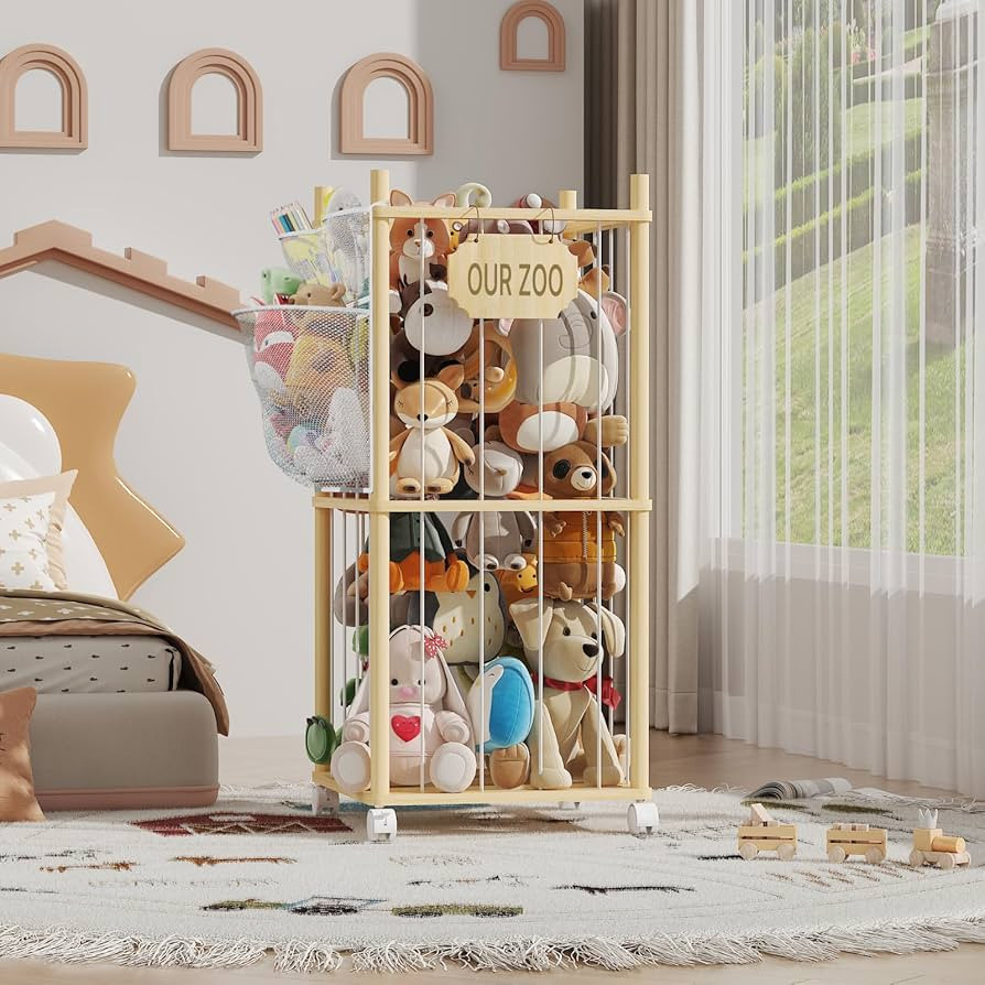 Stuffed Animal Storage with Net Wooden Toy Storage Organizer Stuffed Animal Zoo Storage with Lock... | Amazon (US)