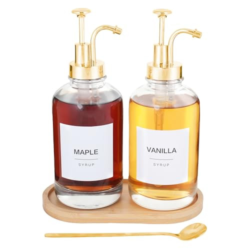 Coffee Syrup Dispenser for Coffee Bar, Coffee Pump Dispenser, 16.9oz 500ml Glass Syrup Dispenser, Gold Spoon, 36 Labels, Cleaning Brush and Bamboo Tray, Coffee Bar Accessory, Set of 2, Gold | Amazon (US)