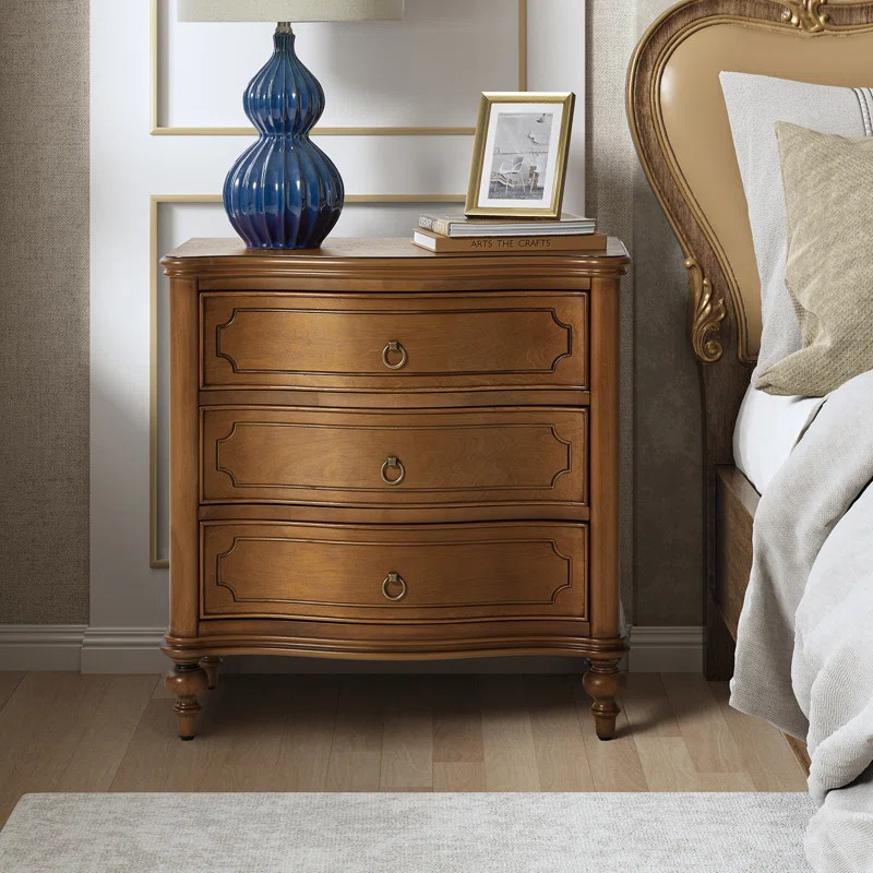 Elfine28'' W Traditional Curves Nightstand with Charging Station and Solid Wood Legs and Metal Kn... | Wayfair North America