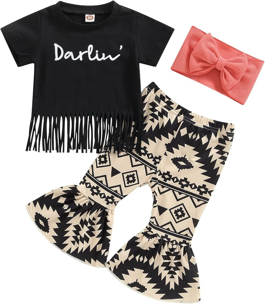 Hnyenmcko Toddler Western Baby Girl Clothes Bell Bottom Outfit Short Sleeve Letter Tops Cow Print... | Amazon (US)