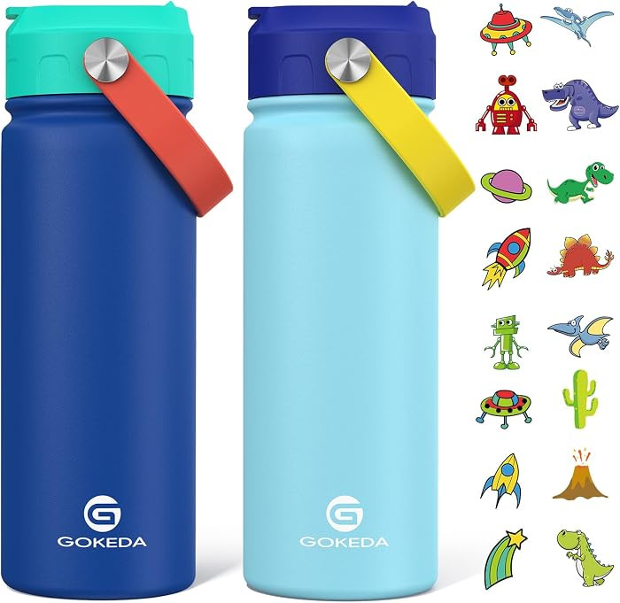 18oz Kids Water Bottle, 2 Pack Insulated Bottles with Stickers, 18/8 Stainless Steel Vacuum Leak ... | Amazon (US)