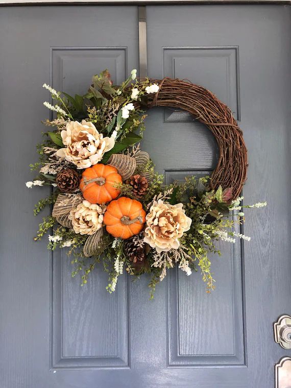 Fall Farmhouse Pumpkin Wreath Fall Wreaths for Front Door - Etsy | Etsy (US)