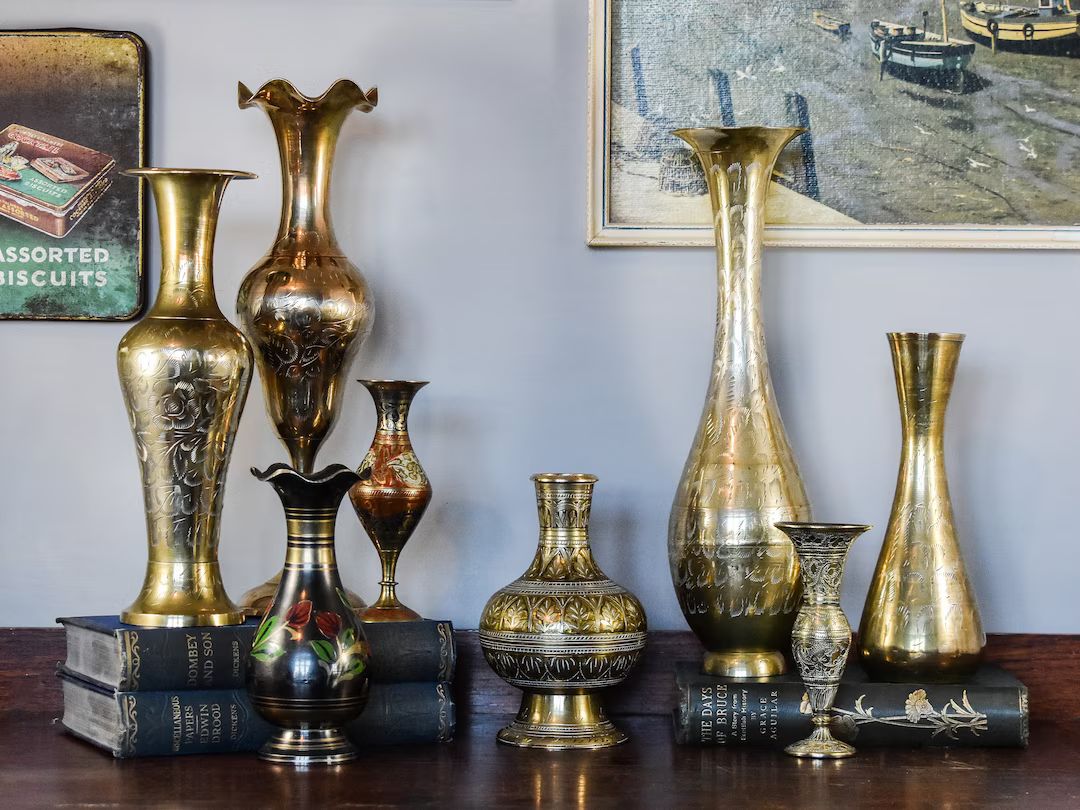 Antique Brass Vase. Vintage Hand Etched Brass Vase. Painted - Etsy UK | Etsy (UK)