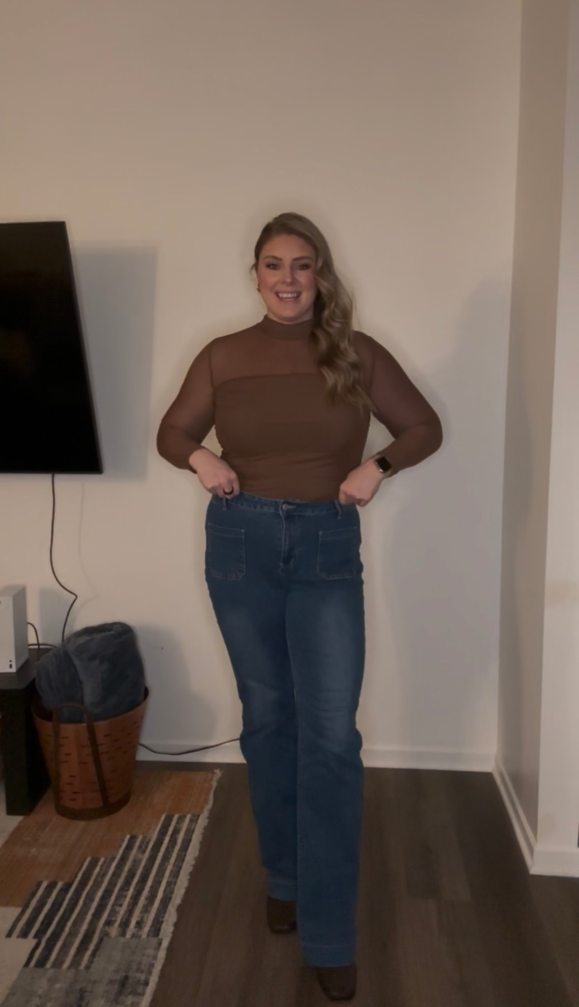 Quick fit check! An adorable going out fit! I got so many compliments on this top. And I’m completely in love with these 38” inseam jeans. 

Wearing 16 in the jeans and XXL in the top. 

Mid size fashion, affordable fashion, going out outfit, girl’s night, winter fashion, trench coat, brown#LTKCyberWeek

#LTKSaleAlert #LTKMidsize