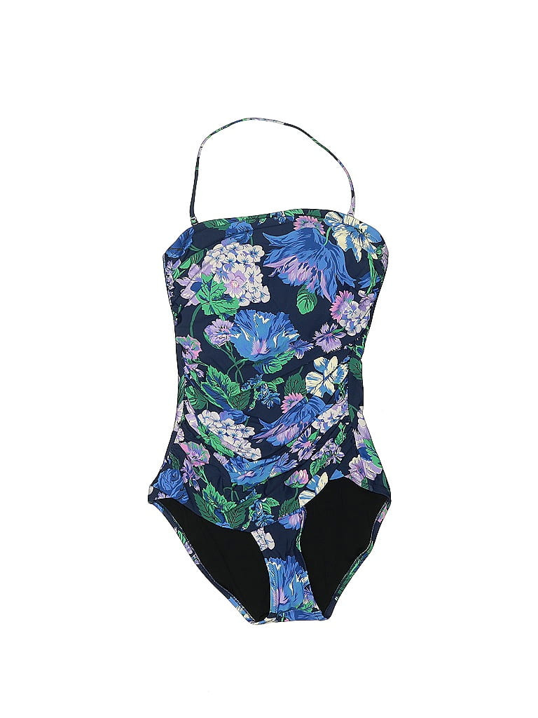 J. Crew One Piece Swimsuit: Blue Floral Motif Swimwear - Size 4 | ThredUp