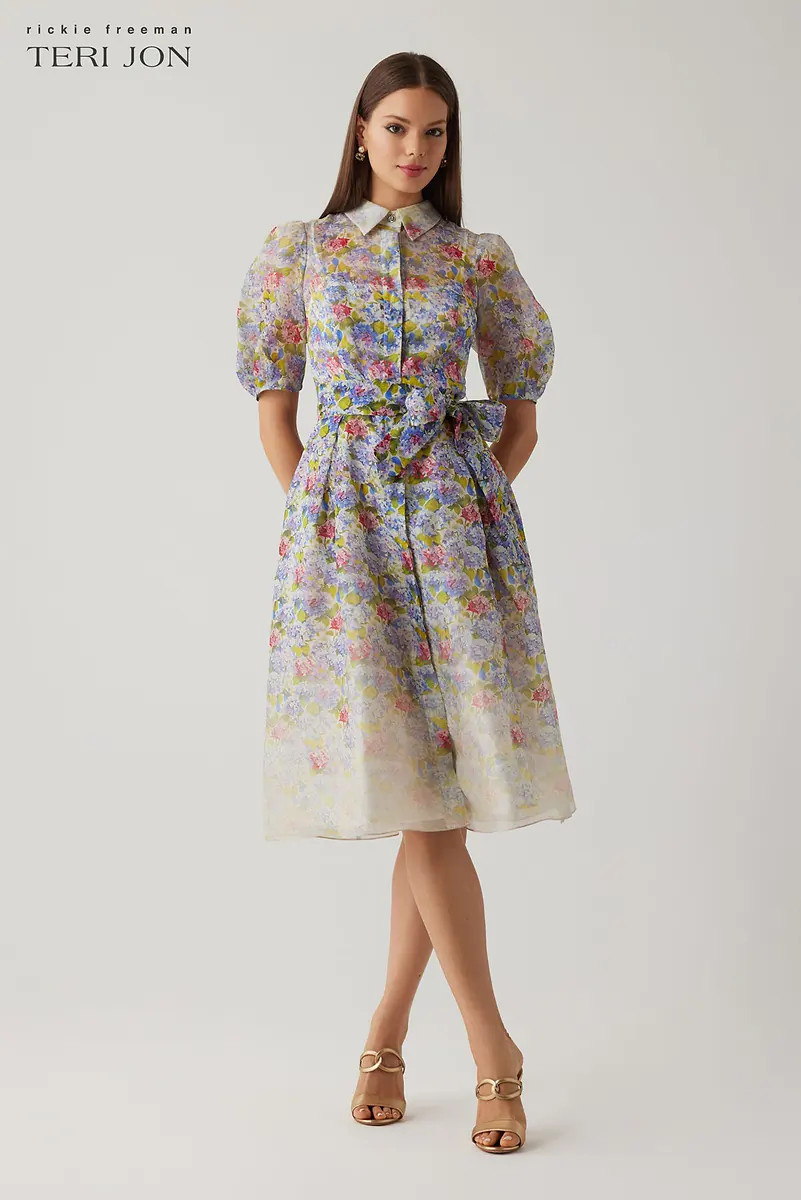 Silk Linen Print Puff Sleeve Shirtwaist Dress | TERI JON
