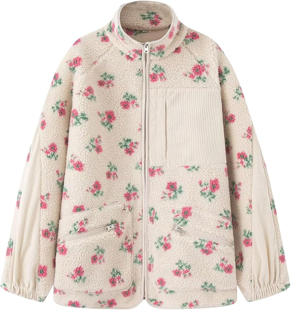 Chevara Women’s Fuzzy Sherpa Jacket Casual Floral Print Stand Collar Long Sleeve Zip Up Oversiz... | Amazon (US)