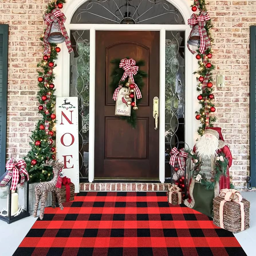Red and Black Plaid Rug, 3'x5' Check Outdoor Front Door Decorative Mat, Cotton Woven Rug for Laye... | Amazon (US)