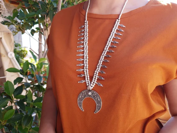 Silver Engraved Squash Blossom, Half Moon Necklace, Native American Navajo Inspired Jewelry, Long... | Etsy (UK)