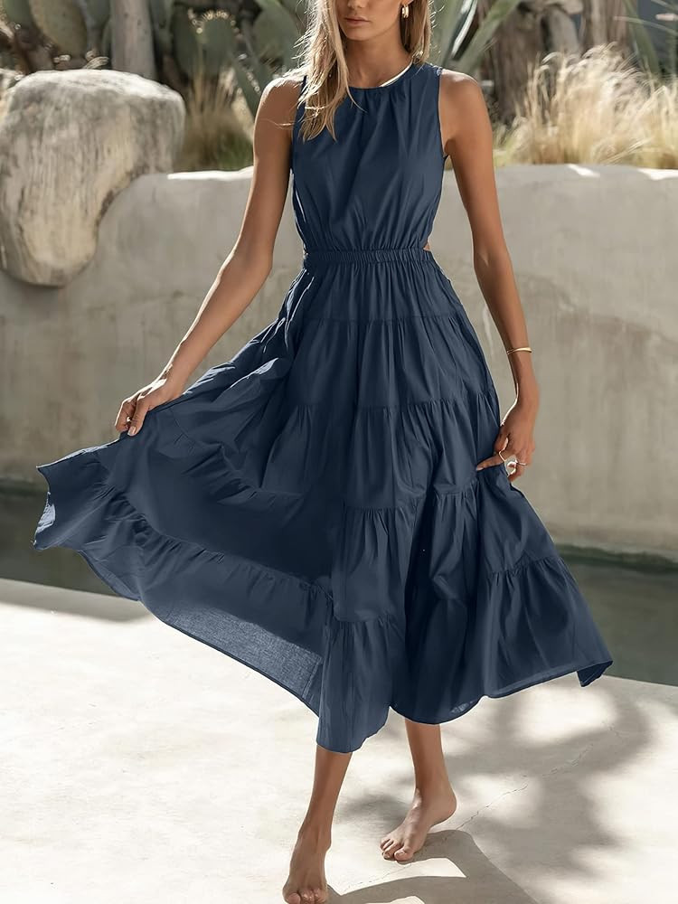 ANRABESS Womens Summer Sleeveless Scoop Neck Waist Cutout Tiered Flowy A-Line Sundress Maxi Dress wi | Amazon (US)