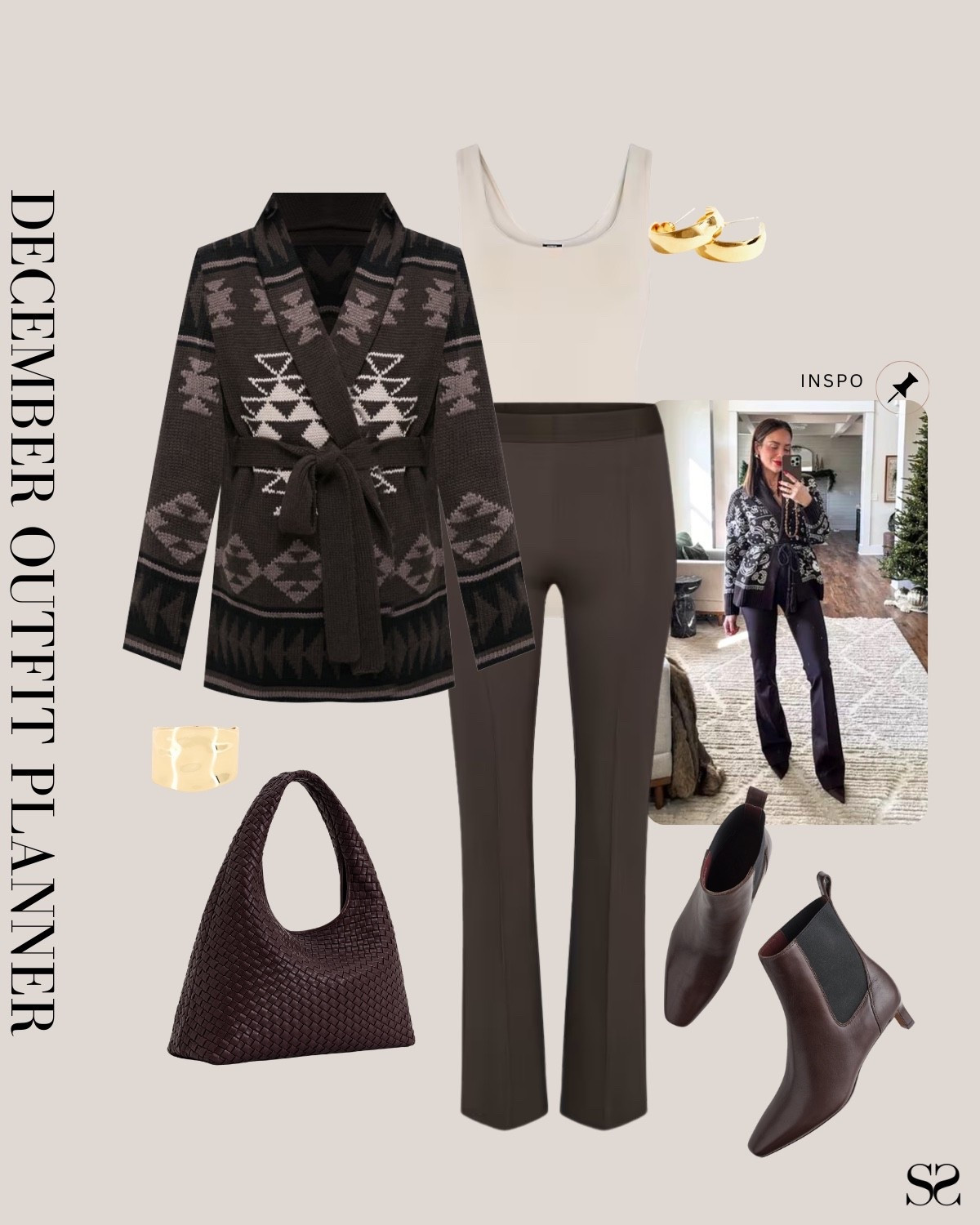 Monthly outfit planner DECEMBER: Winter outfits | brown pants, printed cardigan, monochrome outfits

#classicstyle #casualstyle #LTKstyletip #winteroutfit #holidayoutfit

Image inspo credit:@krismarieerrington 

#LTKSeasonal #LTKgrwm #LTKHoliday