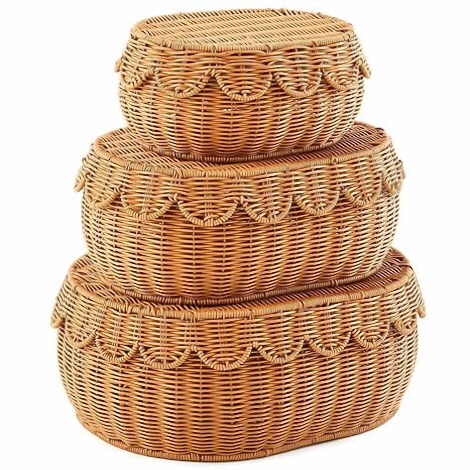 3 Pcs Scalloped Basket, Hand Woven Rattan Basket Set Round Wicker Basket with Lid 18 x 14 x 6 In ... | Walmart (US)