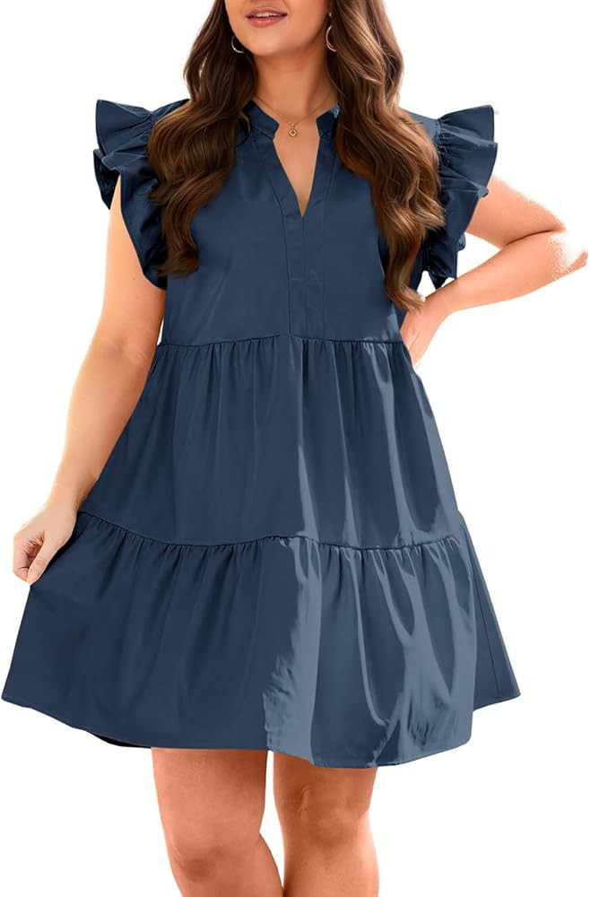 Fisoew Plus Size Dresses for Women Summer Ruffle Short Sleeve V Neck Dress Tiered Swing A Line Ba... | Amazon (US)