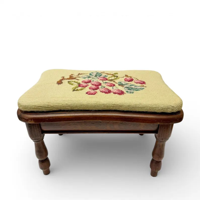 Vintage Needlepoint Raspberry Berry Floral Branch Wool Footstool 9 1/2 x 14 in. | Etsy (Global)