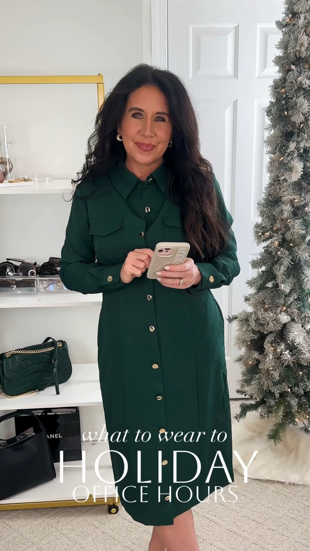 What to wear to holiday office hours:
Start the work week with a ready-to-take on the holiday vibe wearing this timeless look, featuring front gold buttons, a classic-collared neckline, pocket detail and a flattering silhouette for a confident and perfectly-polished finish. 

Green Button down dress with gold buttons. Patent penny loafer heels, oatmeal topcoat, green bag are all from Cato! 

#LTKHoliday #LTKootd #LTKFindsUnder50