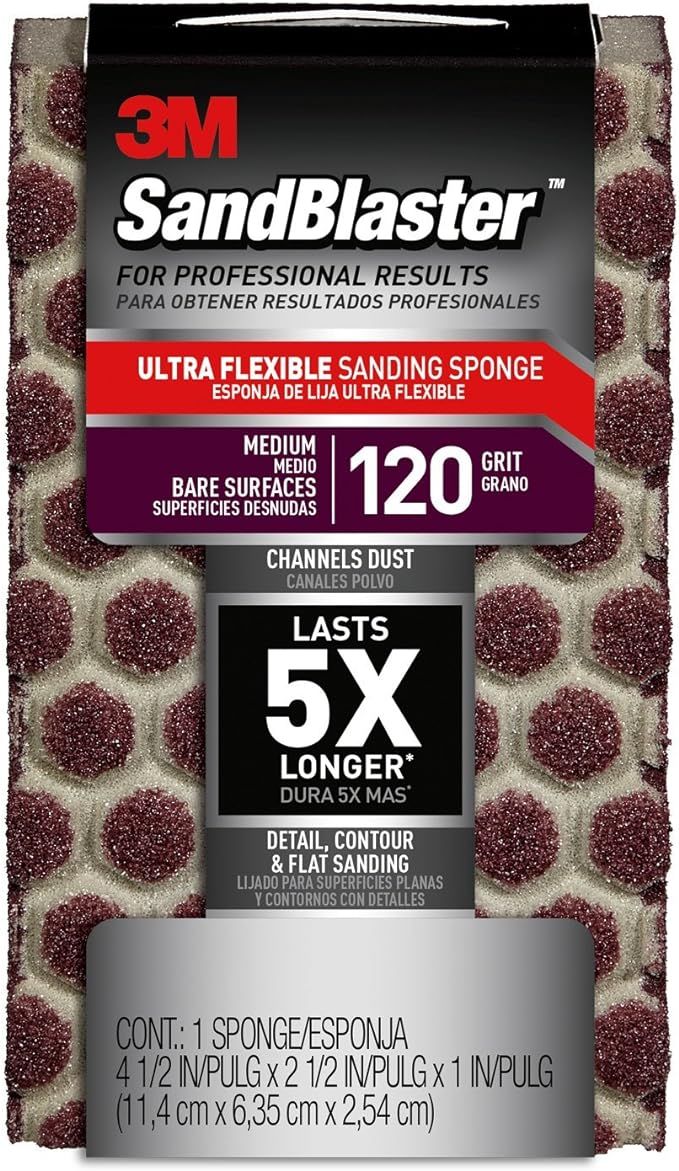 3M 20908-120-UFS SandBlaster Ultra Flexible Sanding Sponge, 4.5-Inch x 2.5-Inch x 1-Inch, 120 Gri... | Amazon (US)