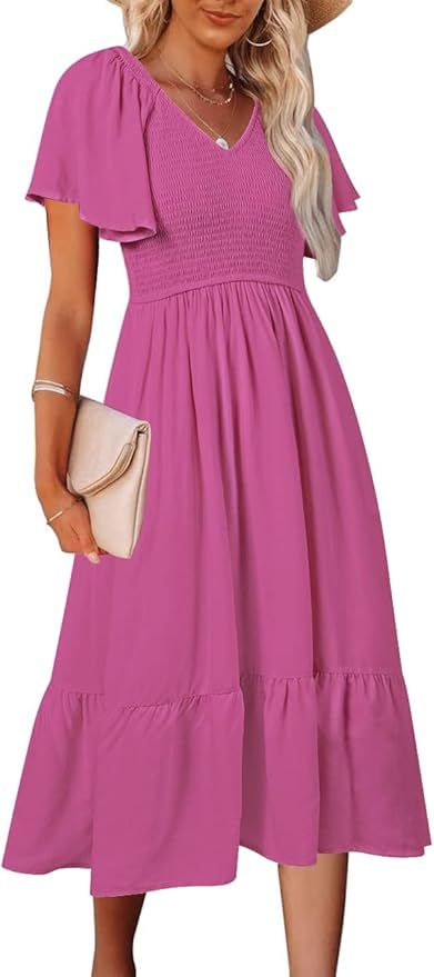 MEROKEETY Womens Summer Casual V Neck Ruffle Sleeve Smocked High Waist Midi Dress with Pockets | Amazon (US)