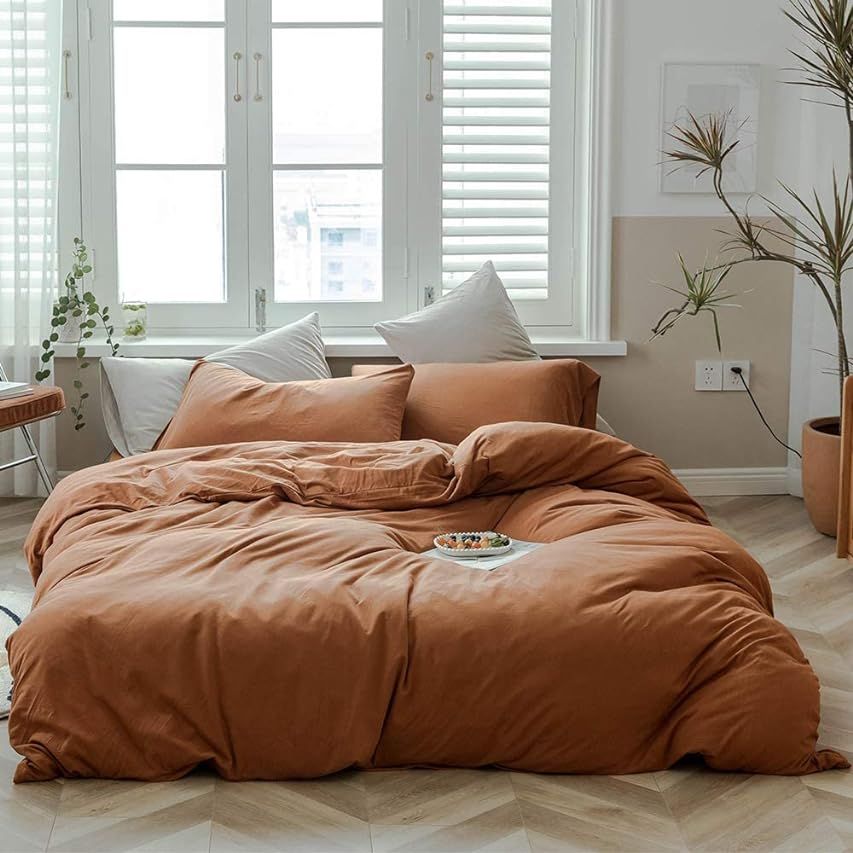 Jersey Knit Cotton Duvet Cover Set Solid Pumpkin Color Bedding Set Luxury Soft Knit Cotton Comforter | Amazon (US)