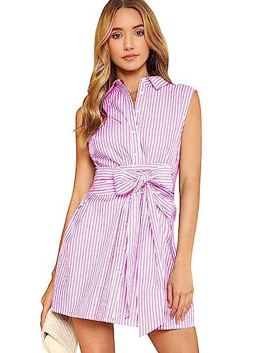 Romwe Women's Cute Striped Belted Button up Collar Summer Short Shirt Dress | Amazon (US)