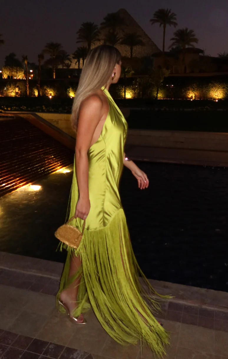 Jasmine Fringe Maxi Dress ~ Chartreuse Luxe Satin | Show Me Your Mumu