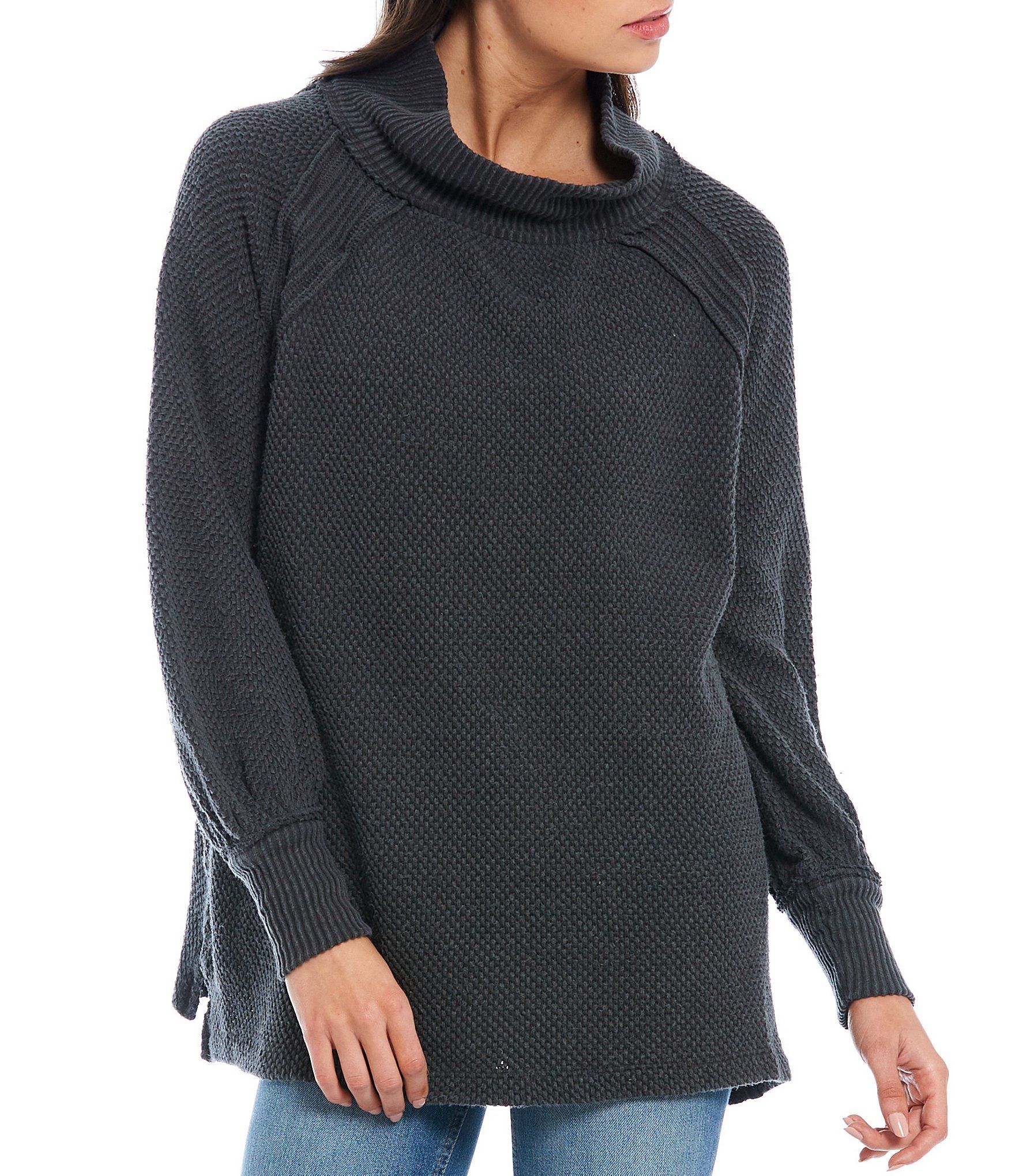 She's A Keeper Funnel Neck Side Slits Long Sleeve Rib Cuff Knit Pullover | Dillards
