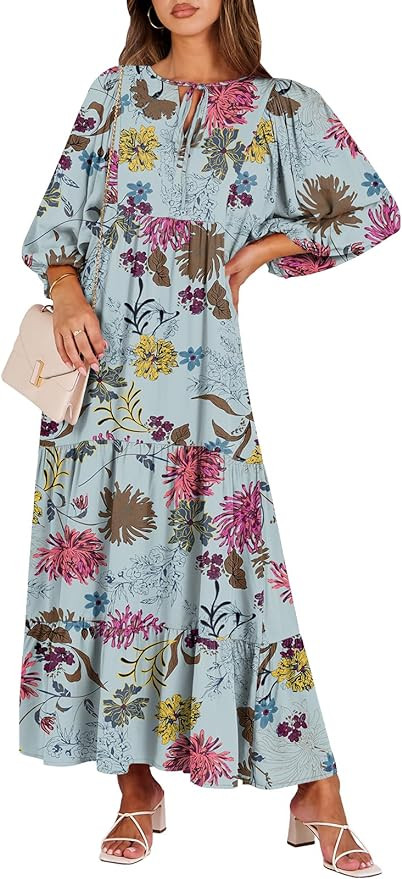 ANRABESS Womens Boho Floral 3/4 Puff Sleeve Maxi Dress | Amazon (US)